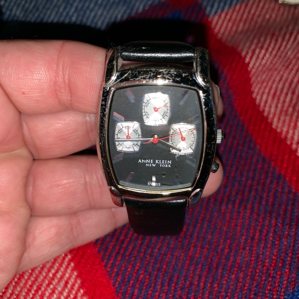 Anne Klein , silver black leather watch